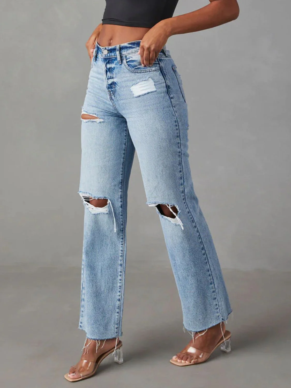 Distressed Straight Leg Jeans with Pockets - Image 2