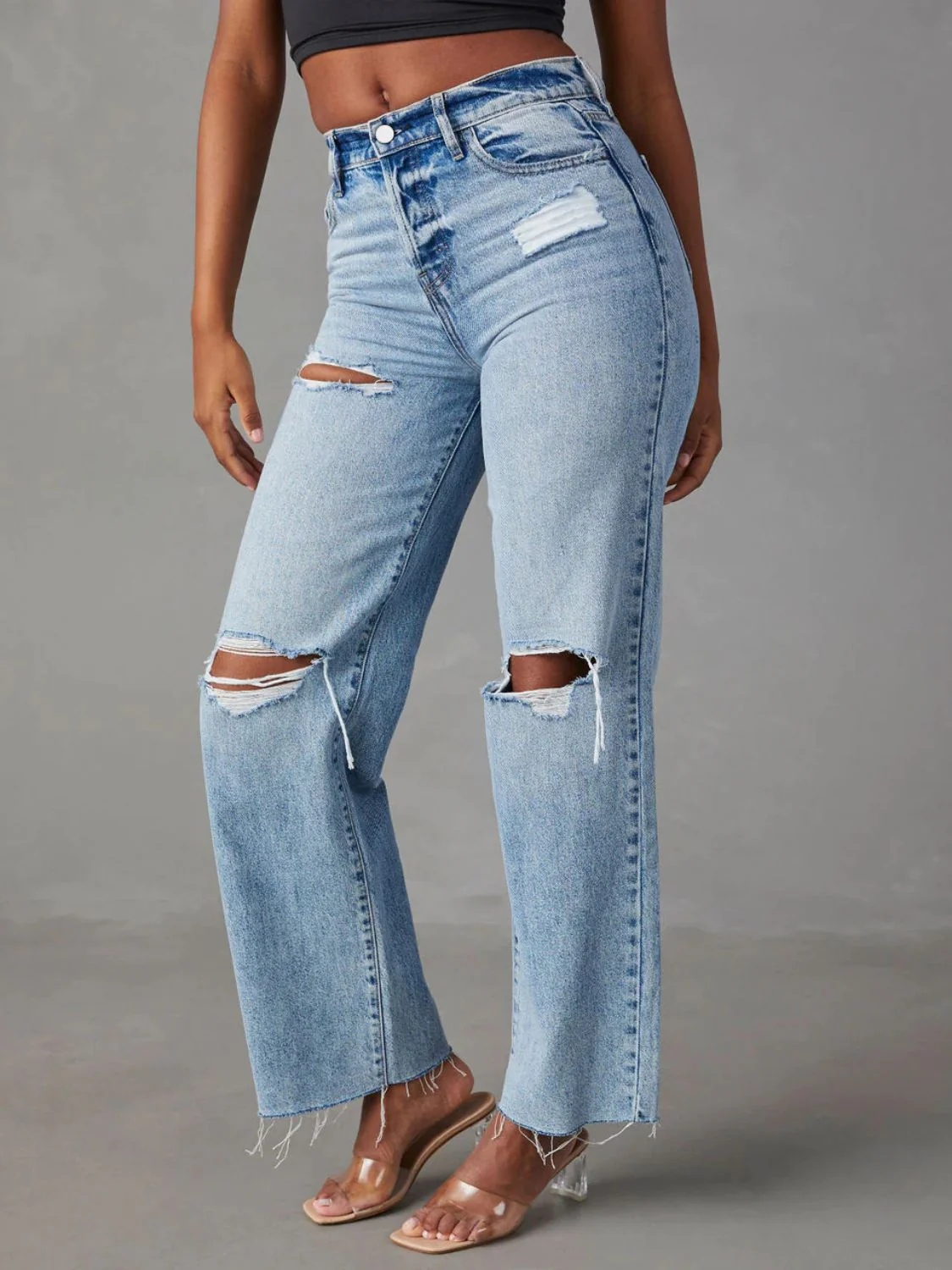 Distressed Straight Leg Jeans with Pockets - Image 3