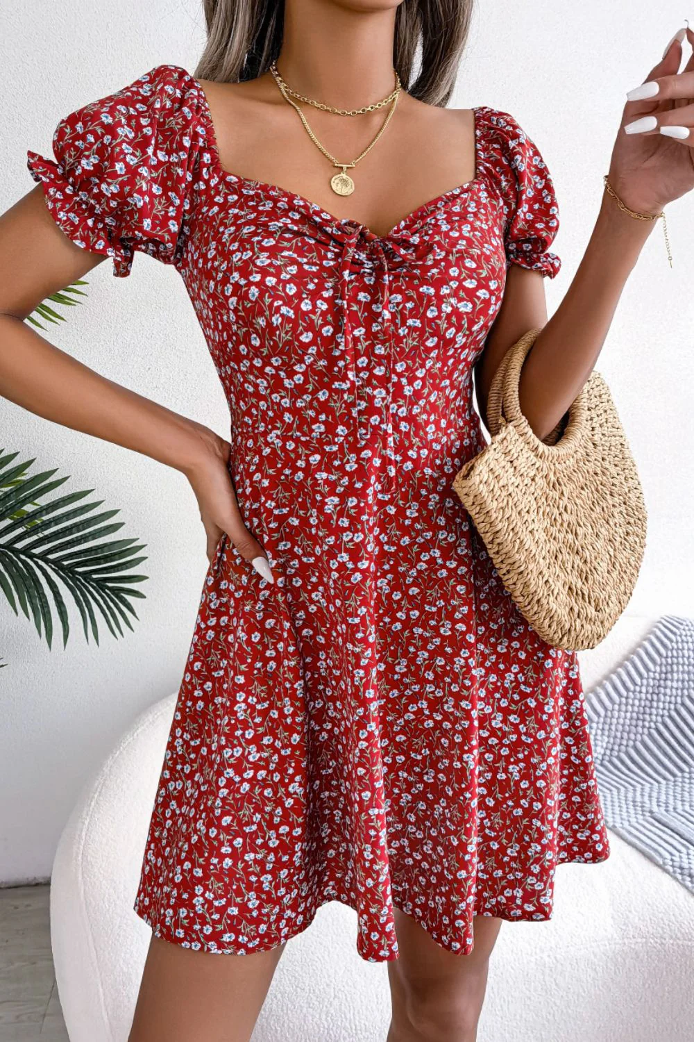 Ditsy Floral Drawstring A-Line Dress - Image 11