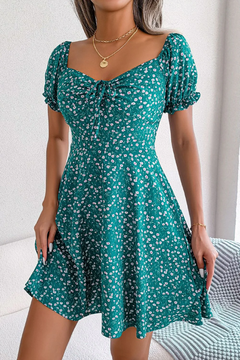 Ditsy Floral Drawstring A-Line Dress - Image 5