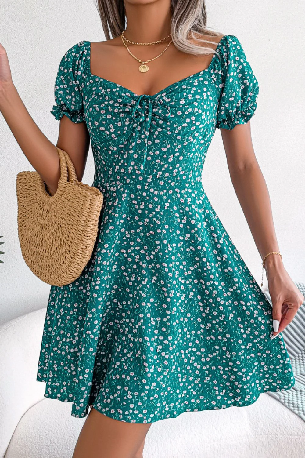 Ditsy Floral Drawstring A-Line Dress - Image 6