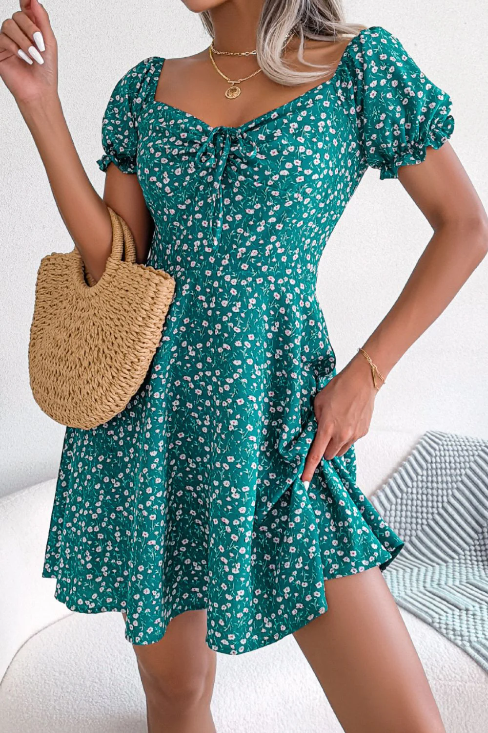 Ditsy Floral Drawstring A-Line Dress - Image 7