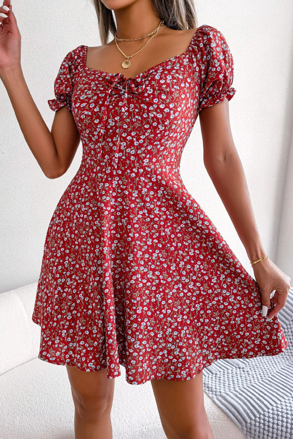 Ditsy Floral Drawstring A-Line Dress - Image 9