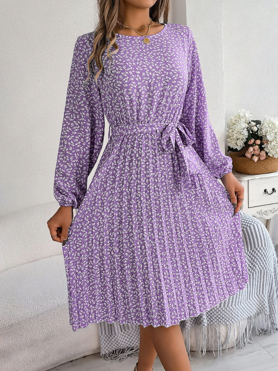 Ditsy Floral Tie Waist Pleated Dress - Image 17