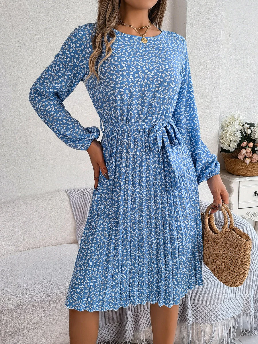 Ditsy Floral Tie Waist Pleated Dress - Image 3