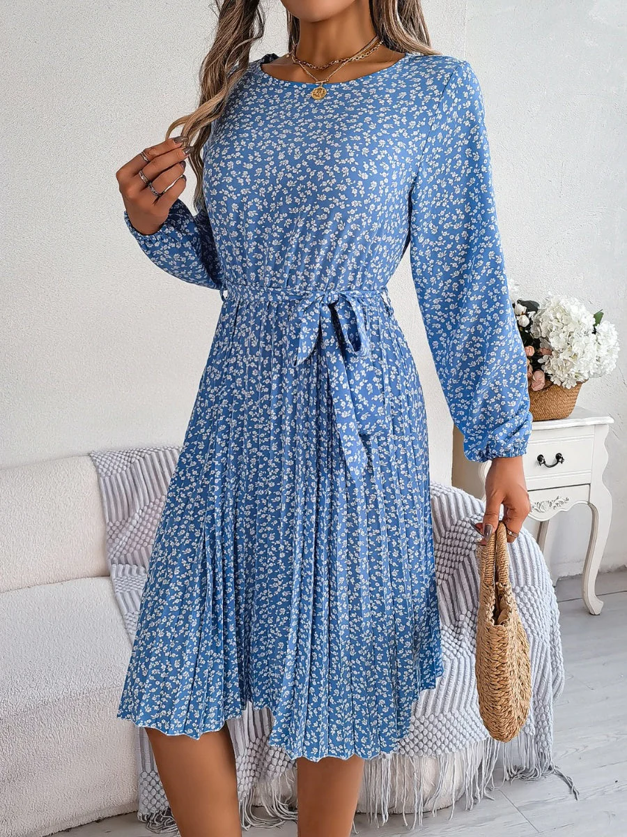 Ditsy Floral Tie Waist Pleated Dress - Image 5
