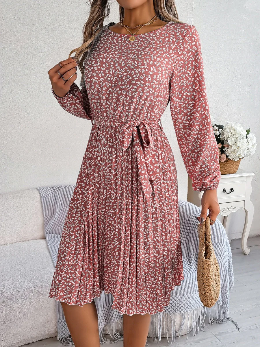 Ditsy Floral Tie Waist Pleated Dress - Image 9