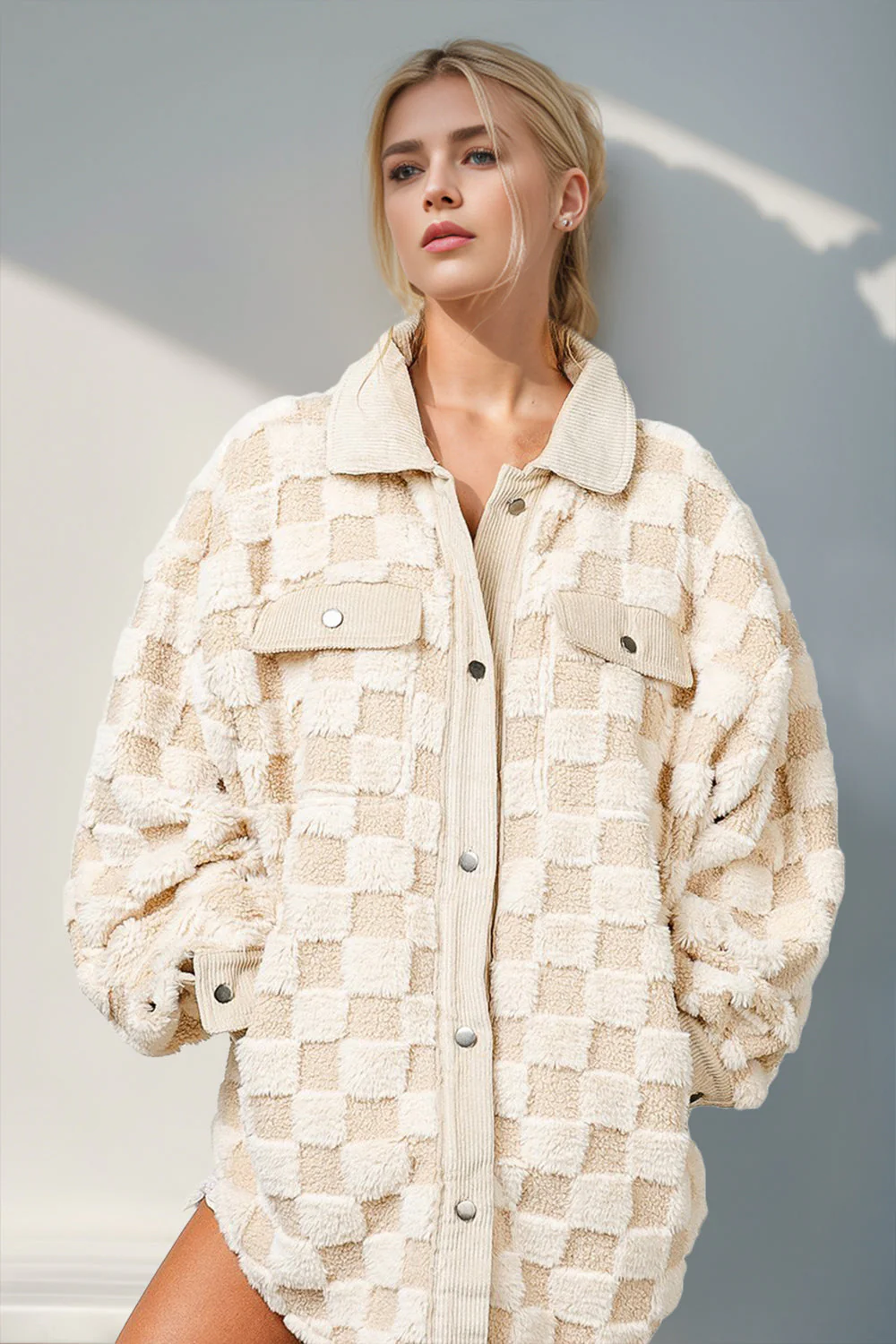 Double Take Button Up Fuzzy Checkered Shacket - Image 2