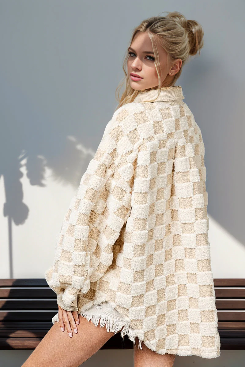 Double Take Button Up Fuzzy Checkered Shacket - Image 3