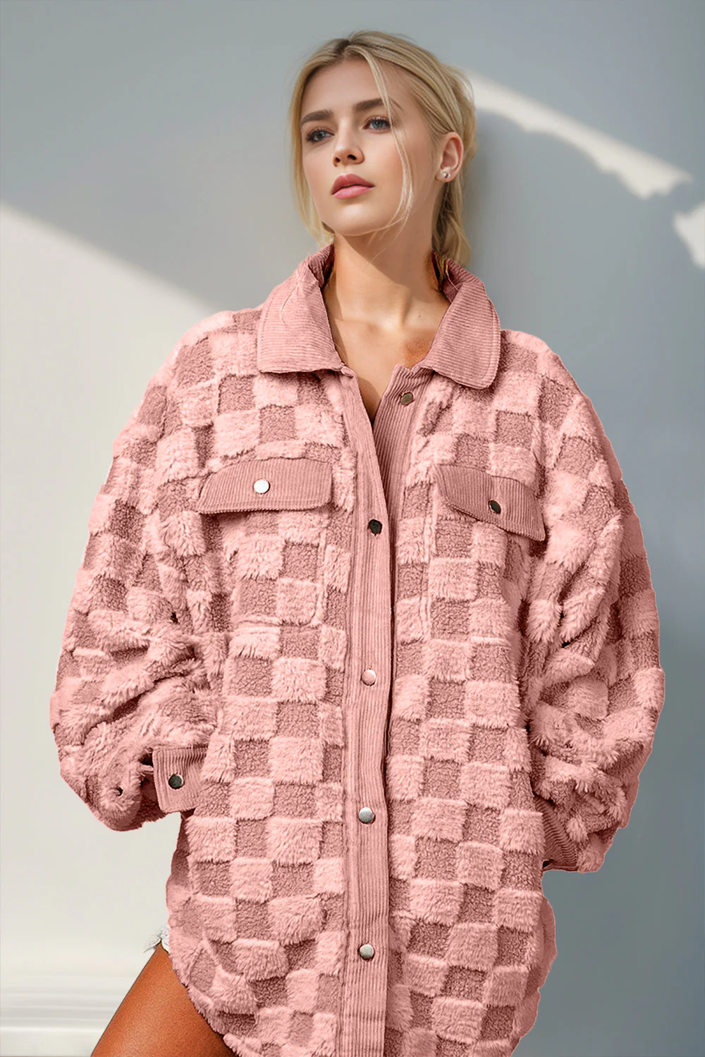 Double Take Button Up Fuzzy Checkered Shacket - Image 4