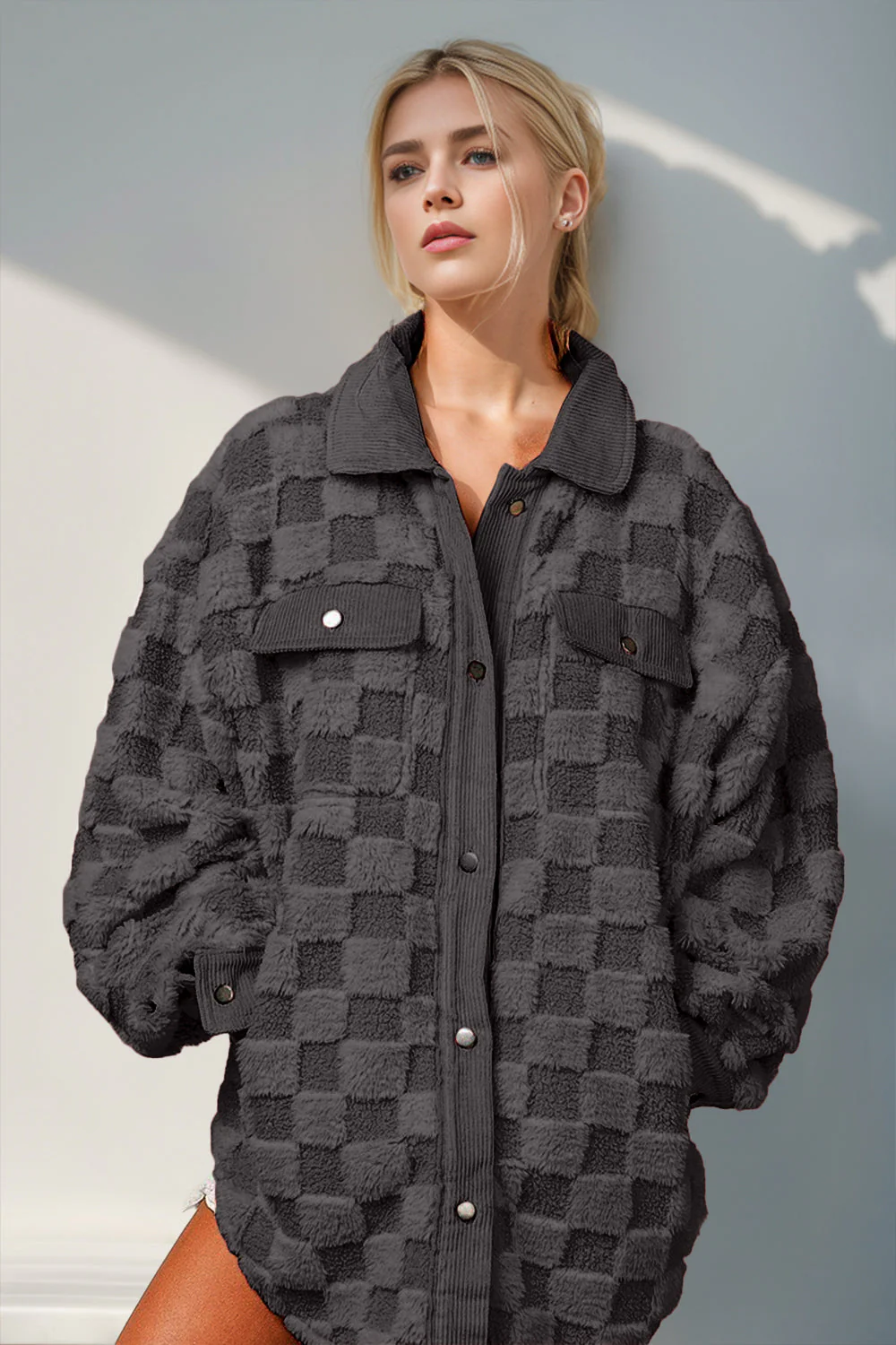 Double Take Button Up Fuzzy Checkered Shacket - Image 5