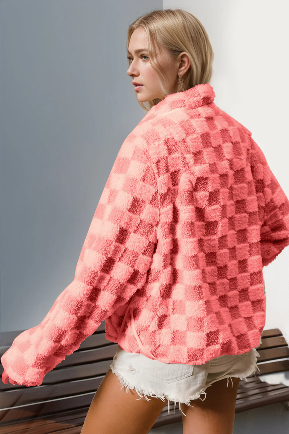 Double Take Checkered Long Sleeve Fuzzy Jacket - Image 2