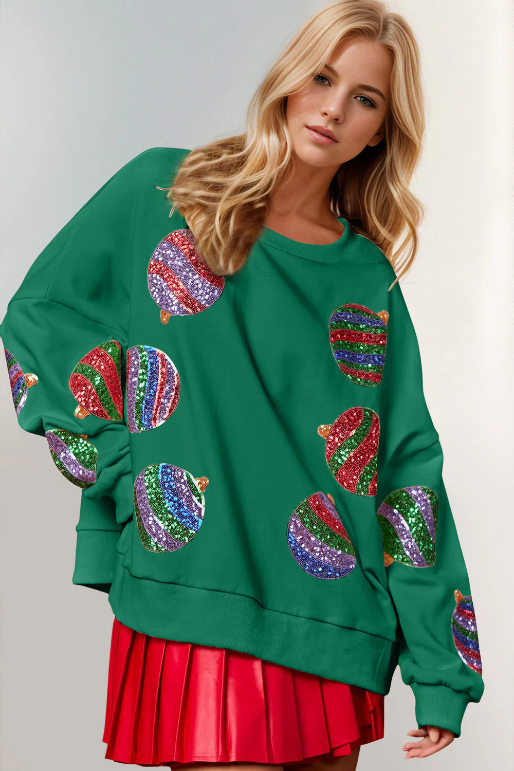 Double Take Christmas Element Sequin Round Neck Long Sleeve Sweatshirt - Image 3