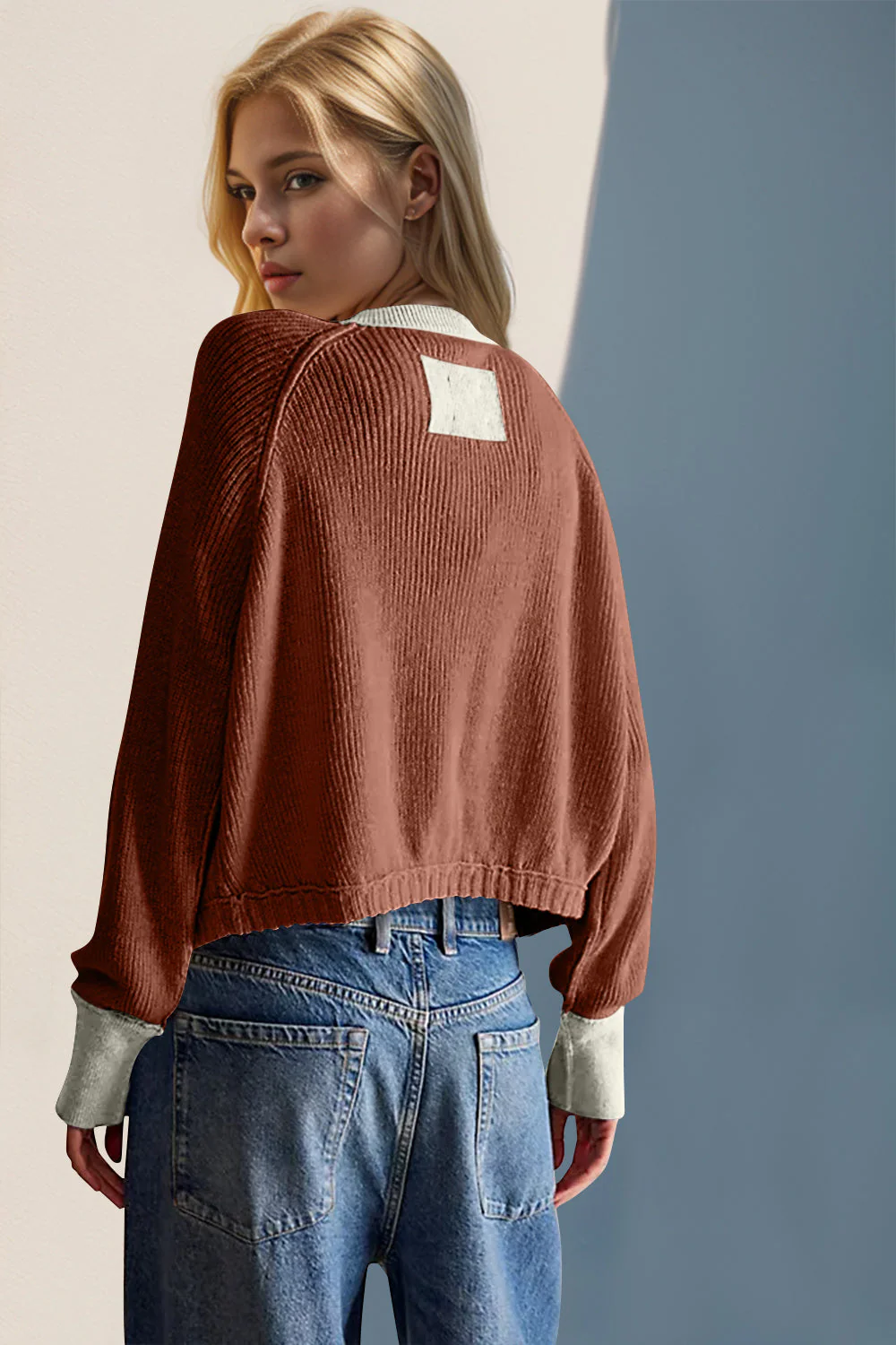 Double Take Contrast Button Up Long Sleeve Cardigan - Image 5