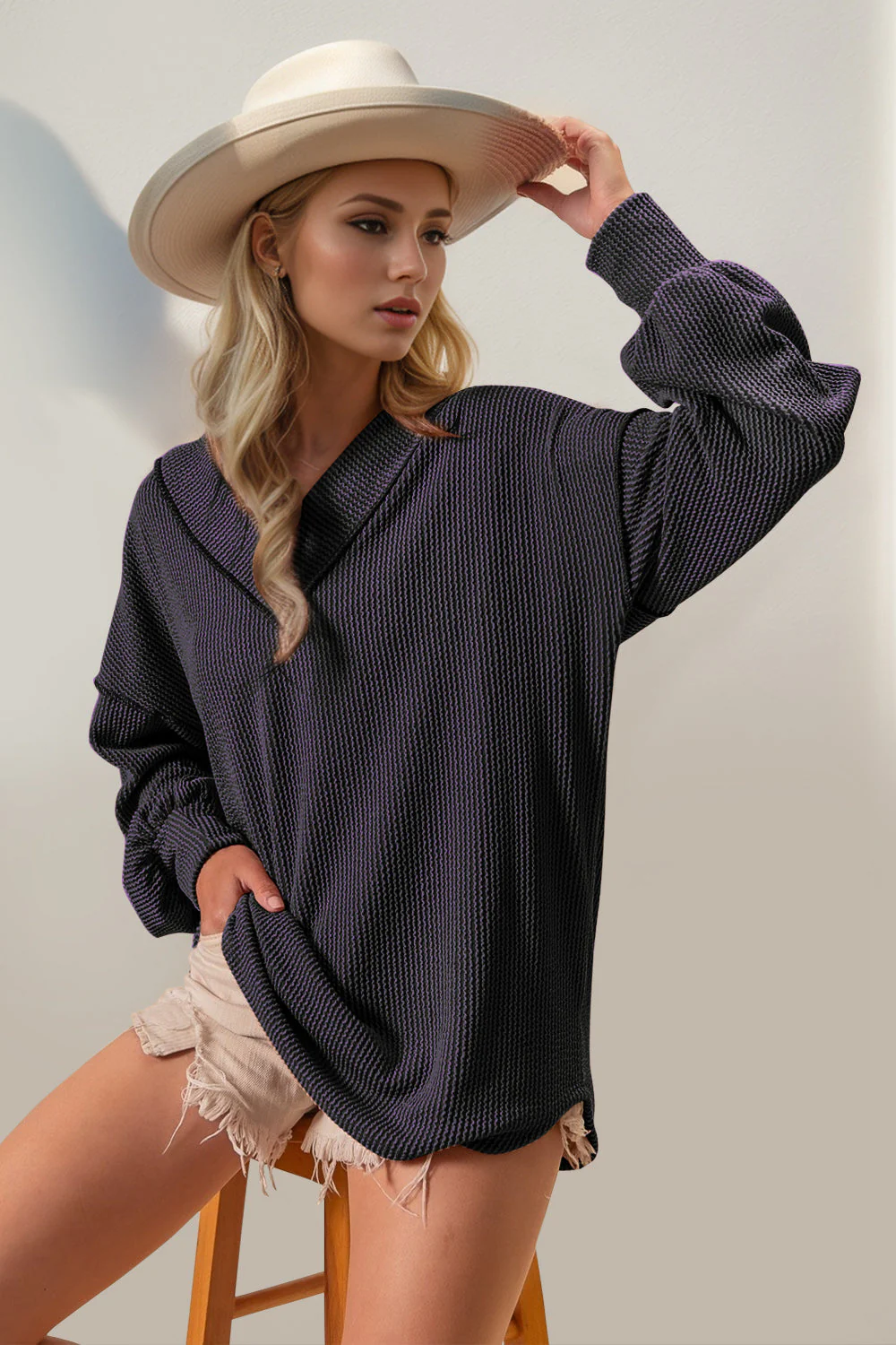 Double Take Exposed Seam Ribbed Textured V-Neck Long Sleeve T-Shirt - Image 2