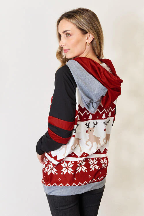 Double Take Full Size Christmas Drawstring Long Sleeve Hoodie - Image 3