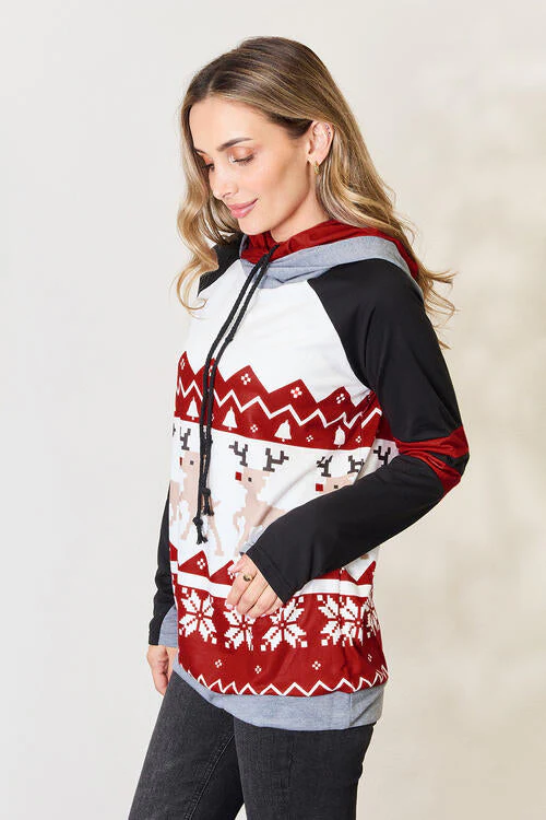 Double Take Full Size Christmas Drawstring Long Sleeve Hoodie - Image 4