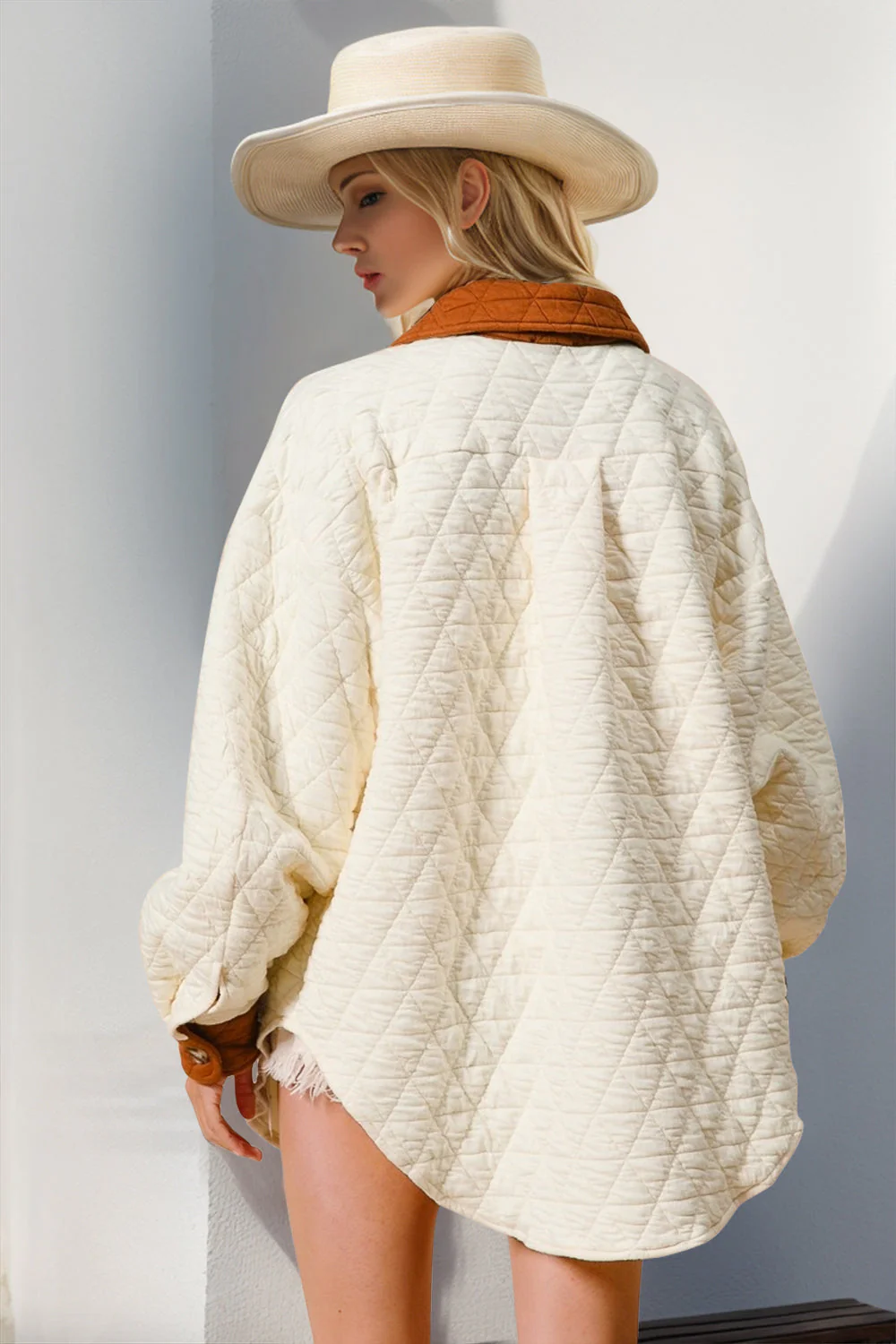 Double Take Full Size Contrast Button Up Quilted Shacket - Image 2