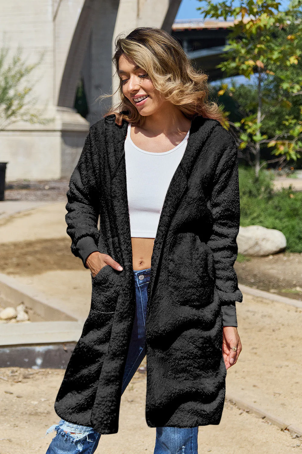 Double Take Full Size Hooded Teddy Bear Jacket with Thumbholes - Image 4