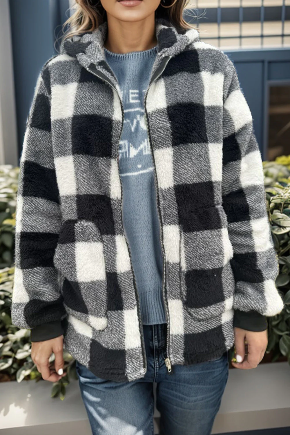 Double Take Full Size Plaid Long Sleeve Hooded Coat - Image 11