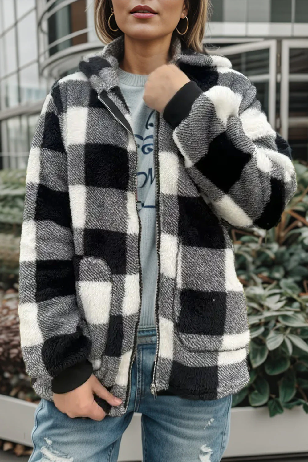 Double Take Full Size Plaid Long Sleeve Hooded Coat - Image 12