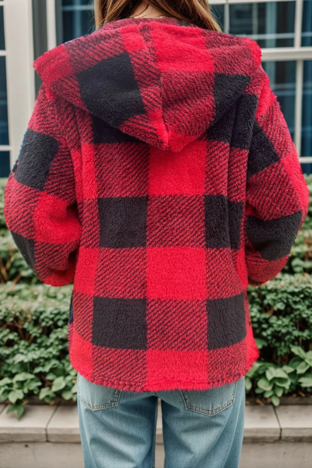 Double Take Full Size Plaid Long Sleeve Hooded Coat - Image 2