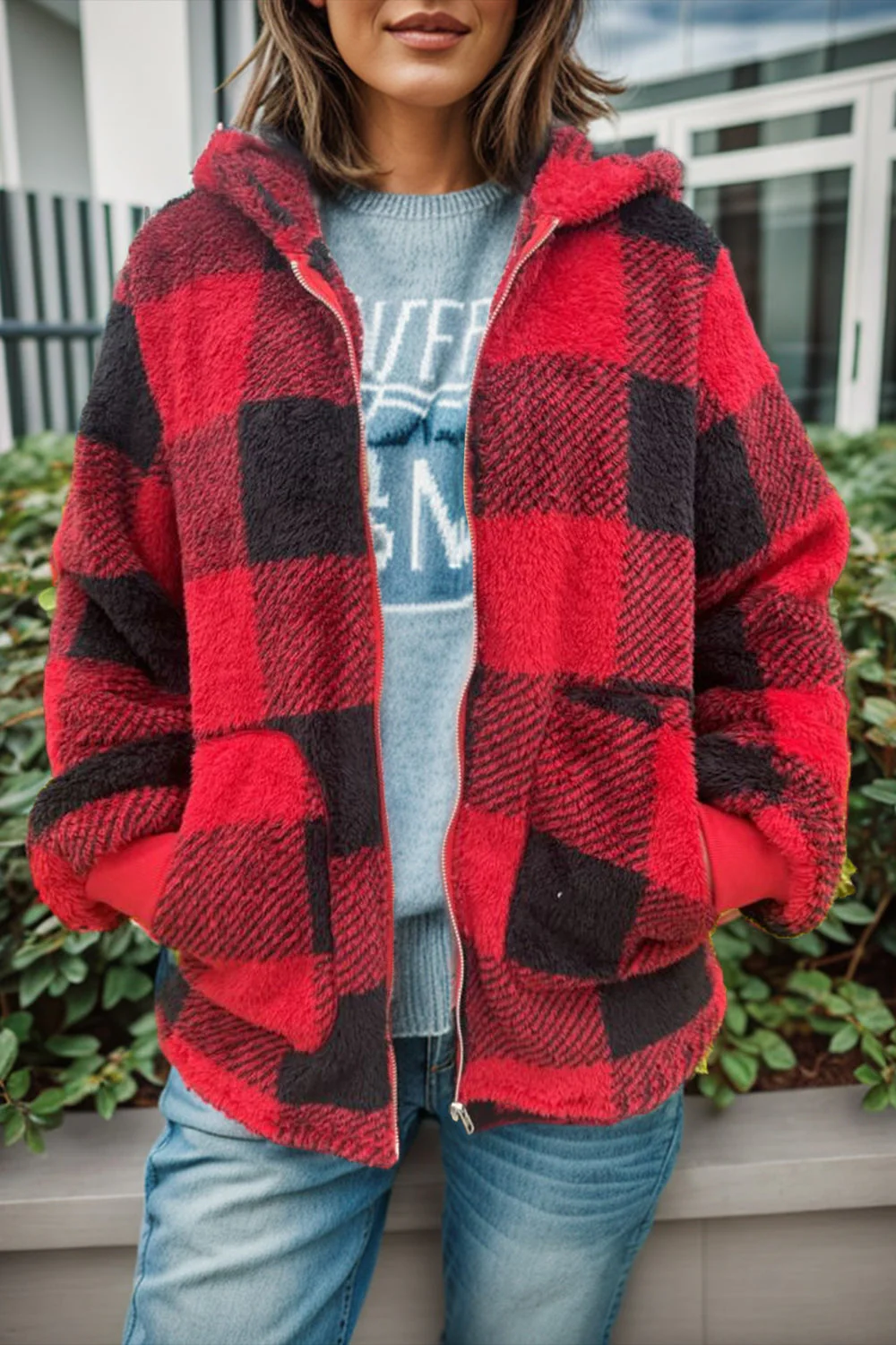 Double Take Full Size Plaid Long Sleeve Hooded Coat - Image 3