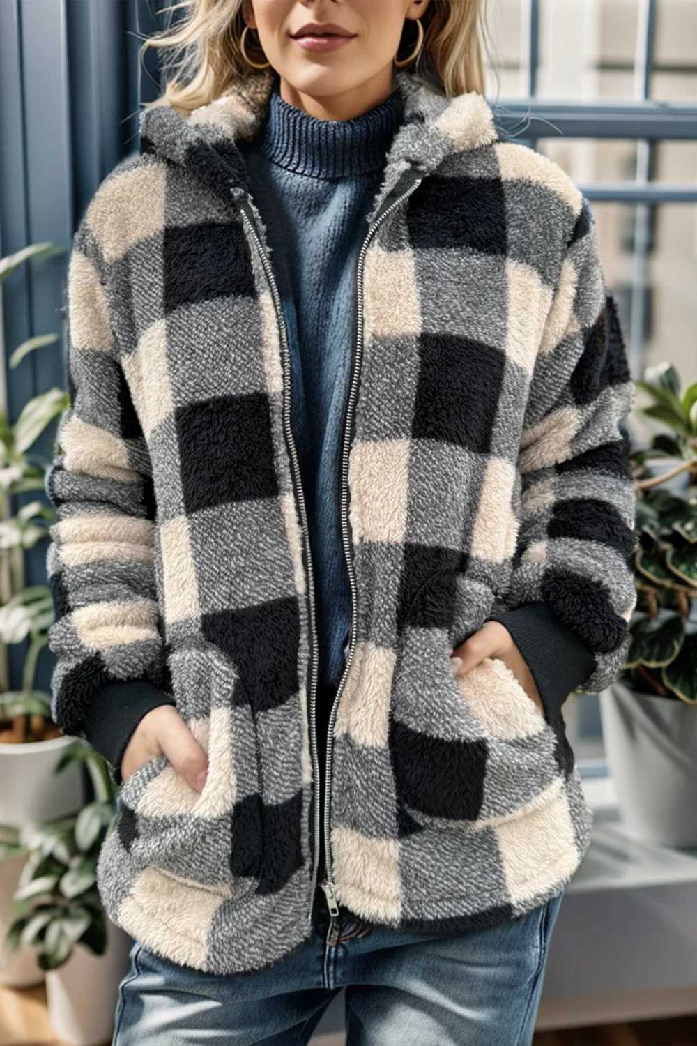 Double Take Full Size Plaid Long Sleeve Hooded Coat - Image 8