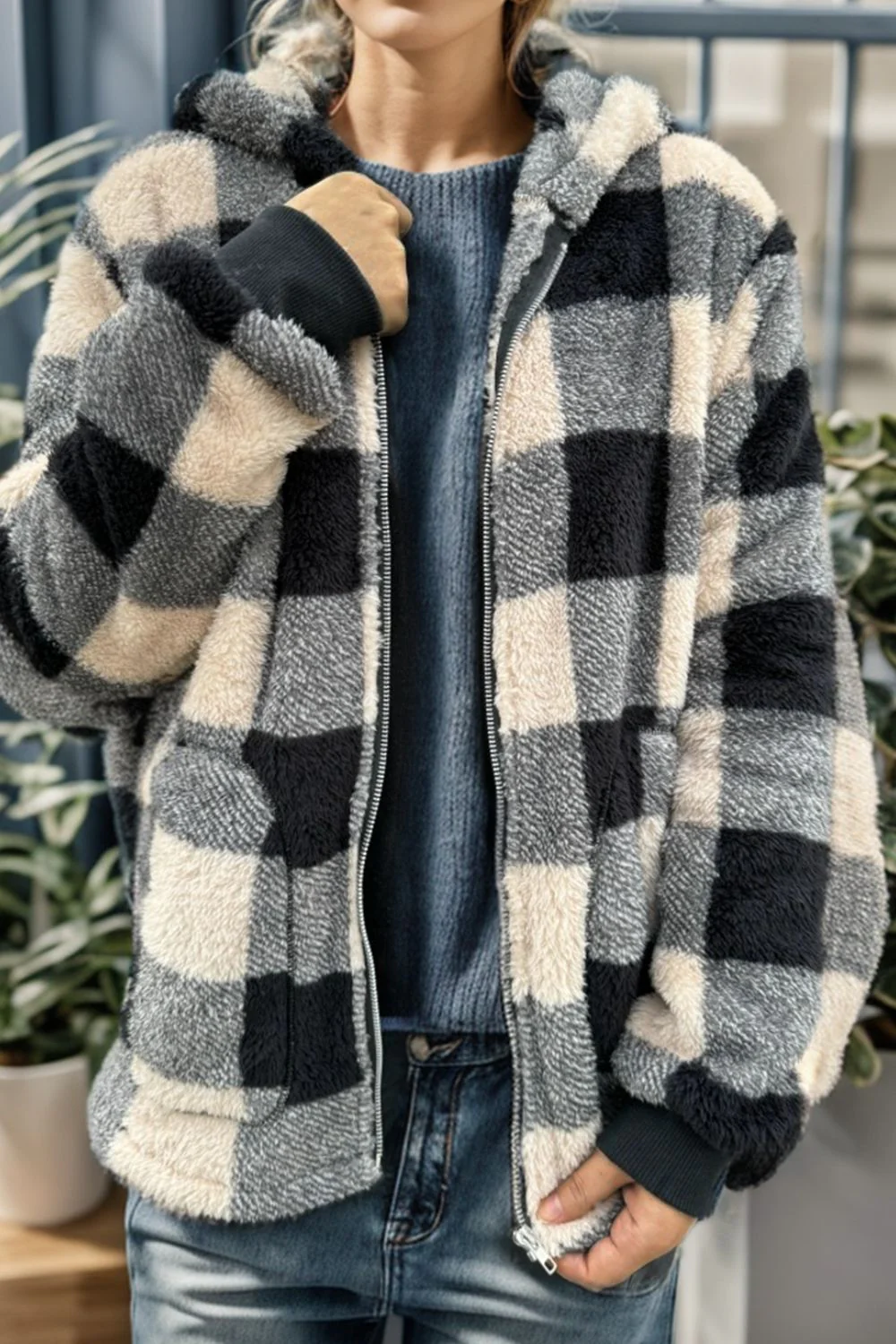Double Take Full Size Plaid Long Sleeve Hooded Coat - Image 9
