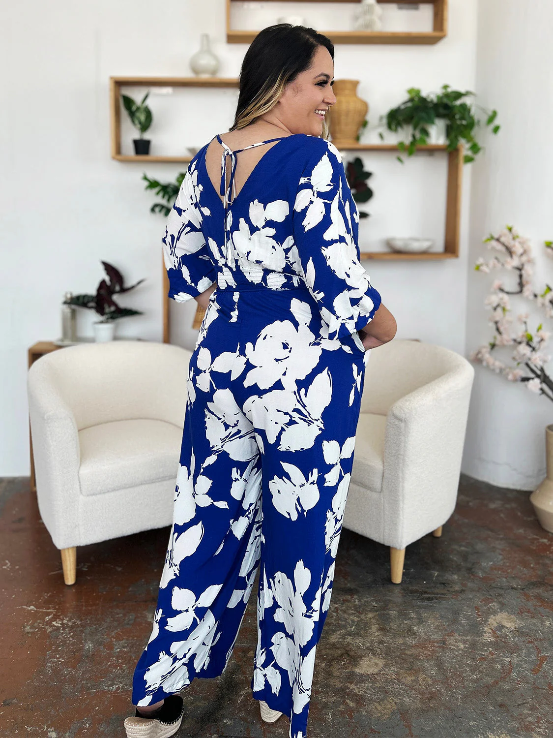 Double Take Full Size Printed Tie Back Wide Leg Jumpsuit - Image 11
