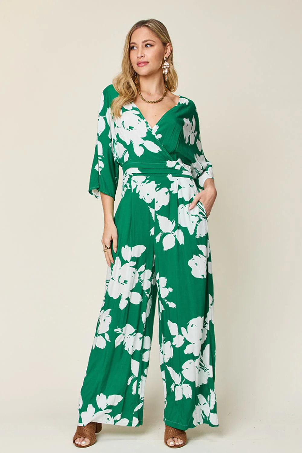 Double Take Full Size Printed Tie Back Wide Leg Jumpsuit - Image 12