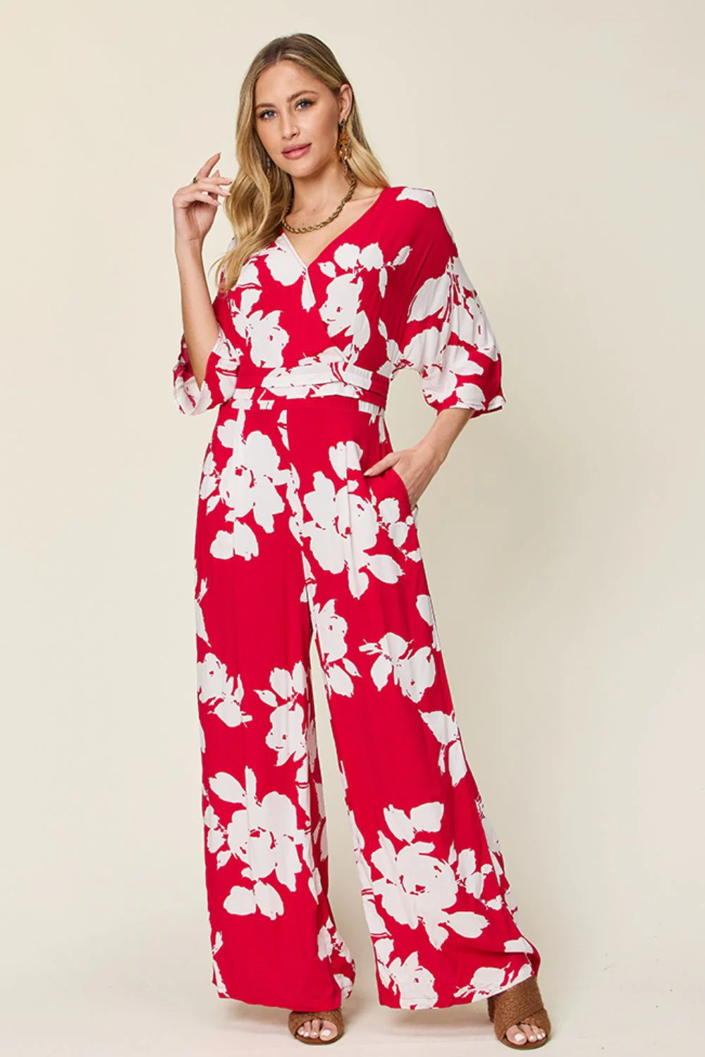 Double Take Full Size Printed Tie Back Wide Leg Jumpsuit - Image 16