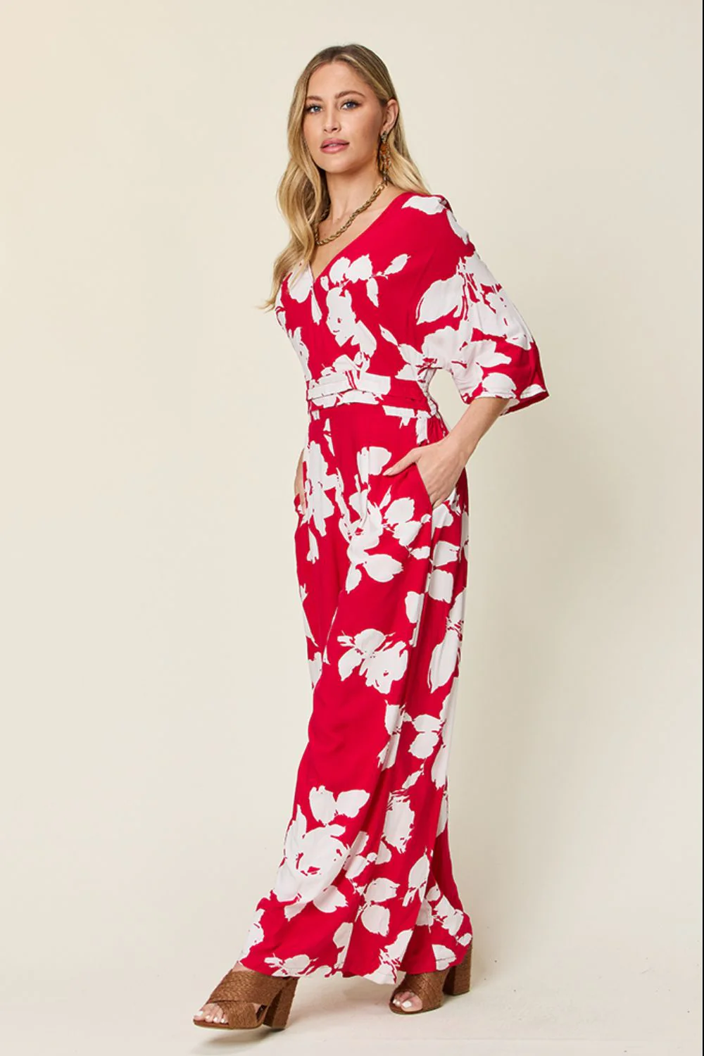 Double Take Full Size Printed Tie Back Wide Leg Jumpsuit - Image 17