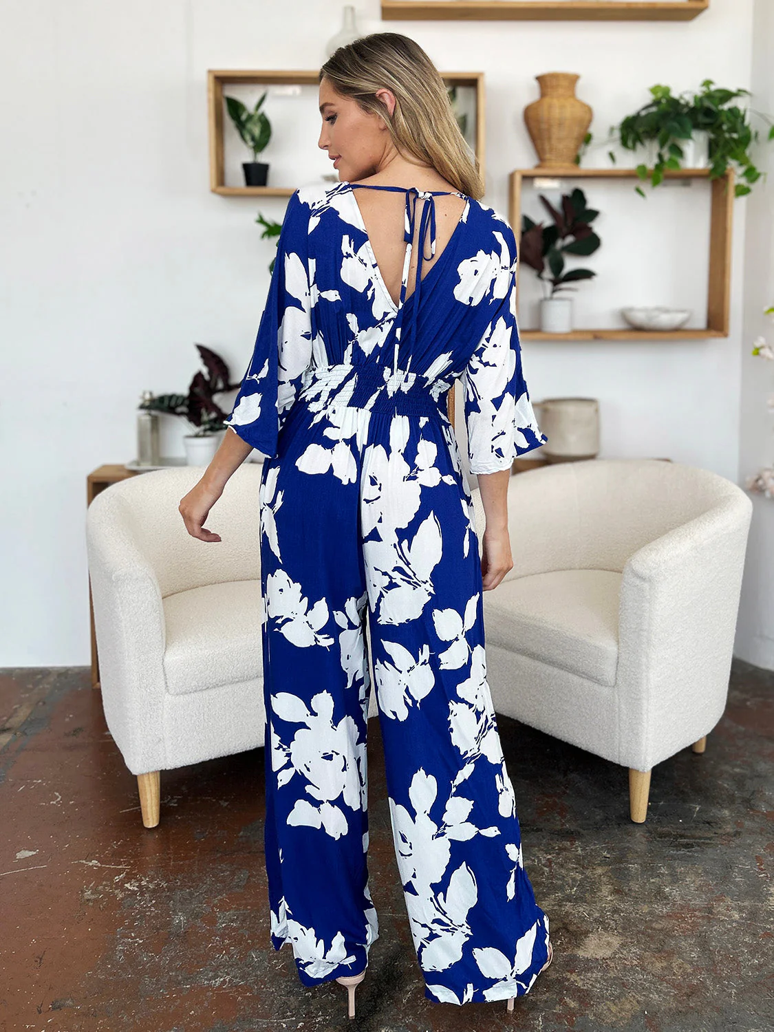 Double Take Full Size Printed Tie Back Wide Leg Jumpsuit - Image 7