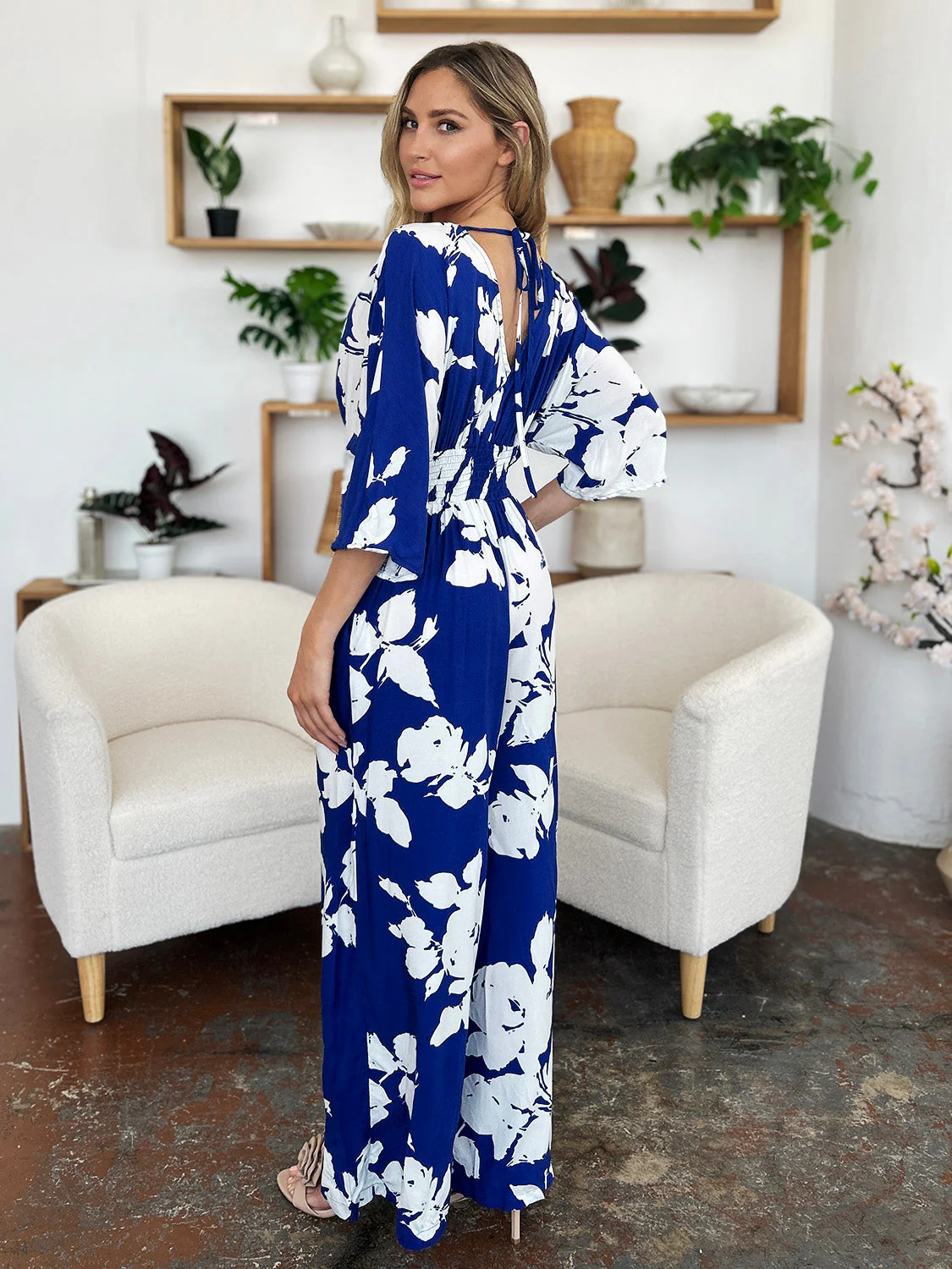 Double Take Full Size Printed Tie Back Wide Leg Jumpsuit - Image 8