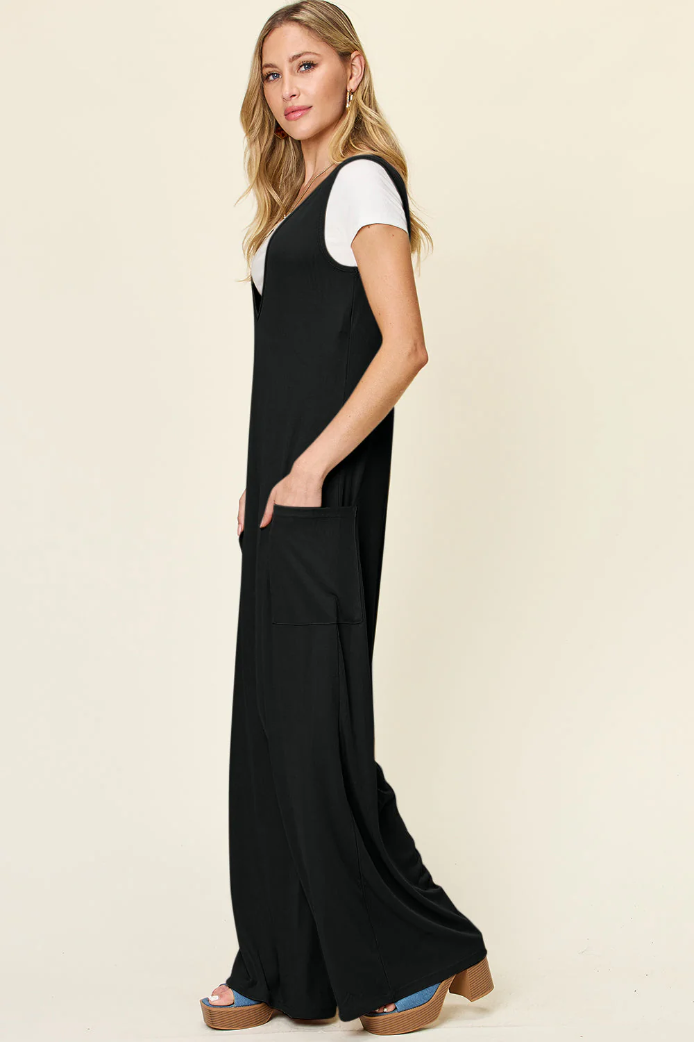 Double Take Full Size Sleeveless Wide Leg Jumpsuit with Pockets - Image 3