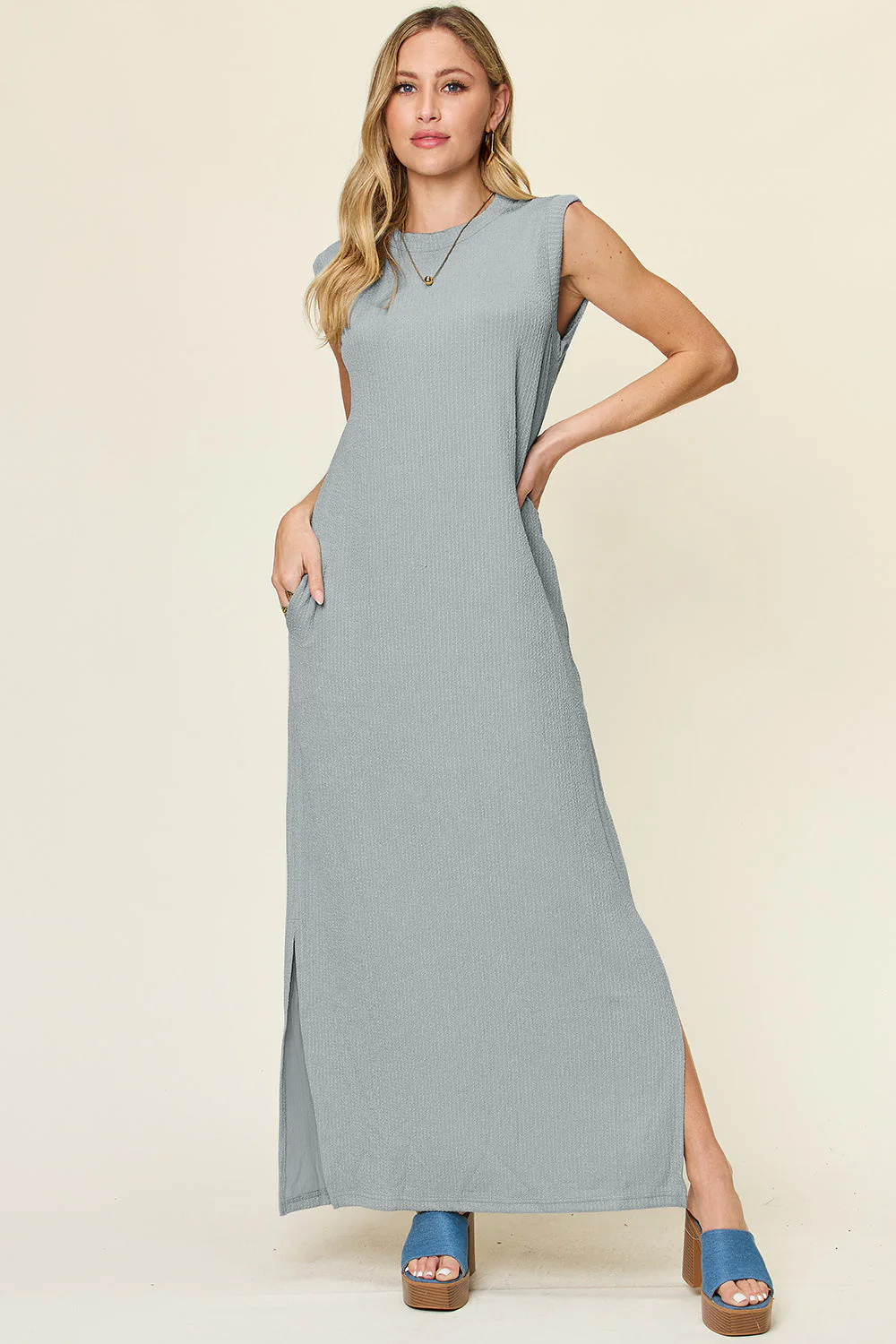 Double Take Full Size Texture Mock Neck Sleeveless Maxi Dress - Image 5
