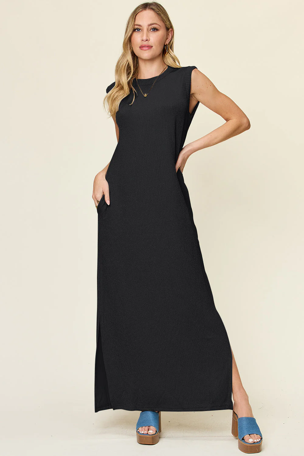 Double Take Full Size Texture Mock Neck Sleeveless Maxi Dress - Image 8
