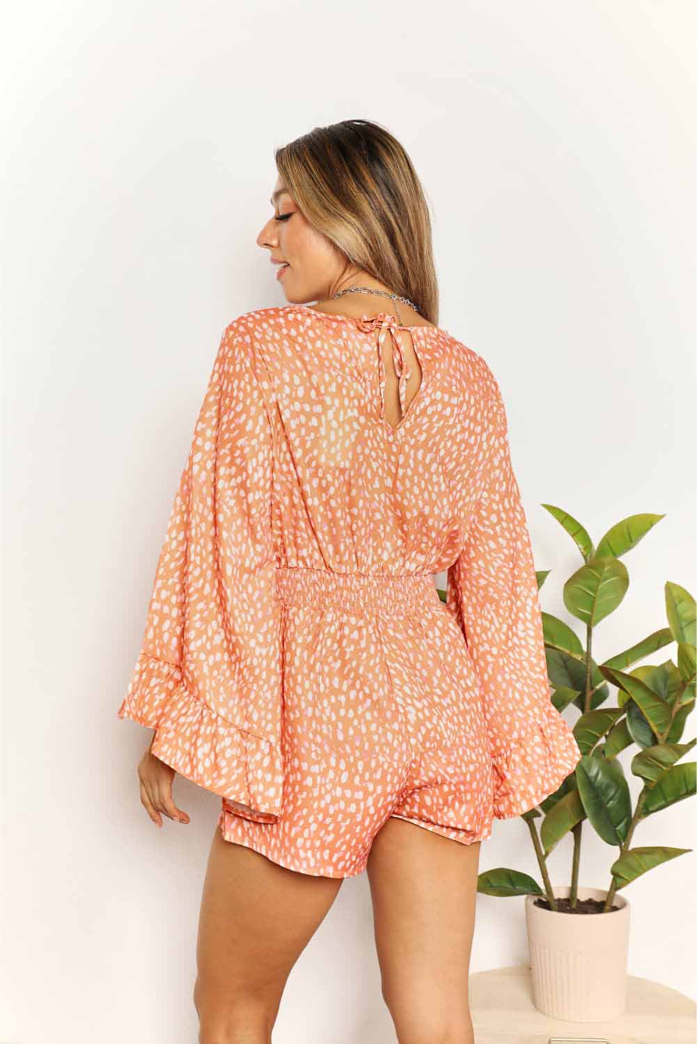 Double Take Printed Flare Sleeve Surplice Romper - Image 2