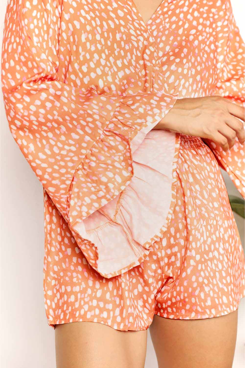 Double Take Printed Flare Sleeve Surplice Romper - Image 5