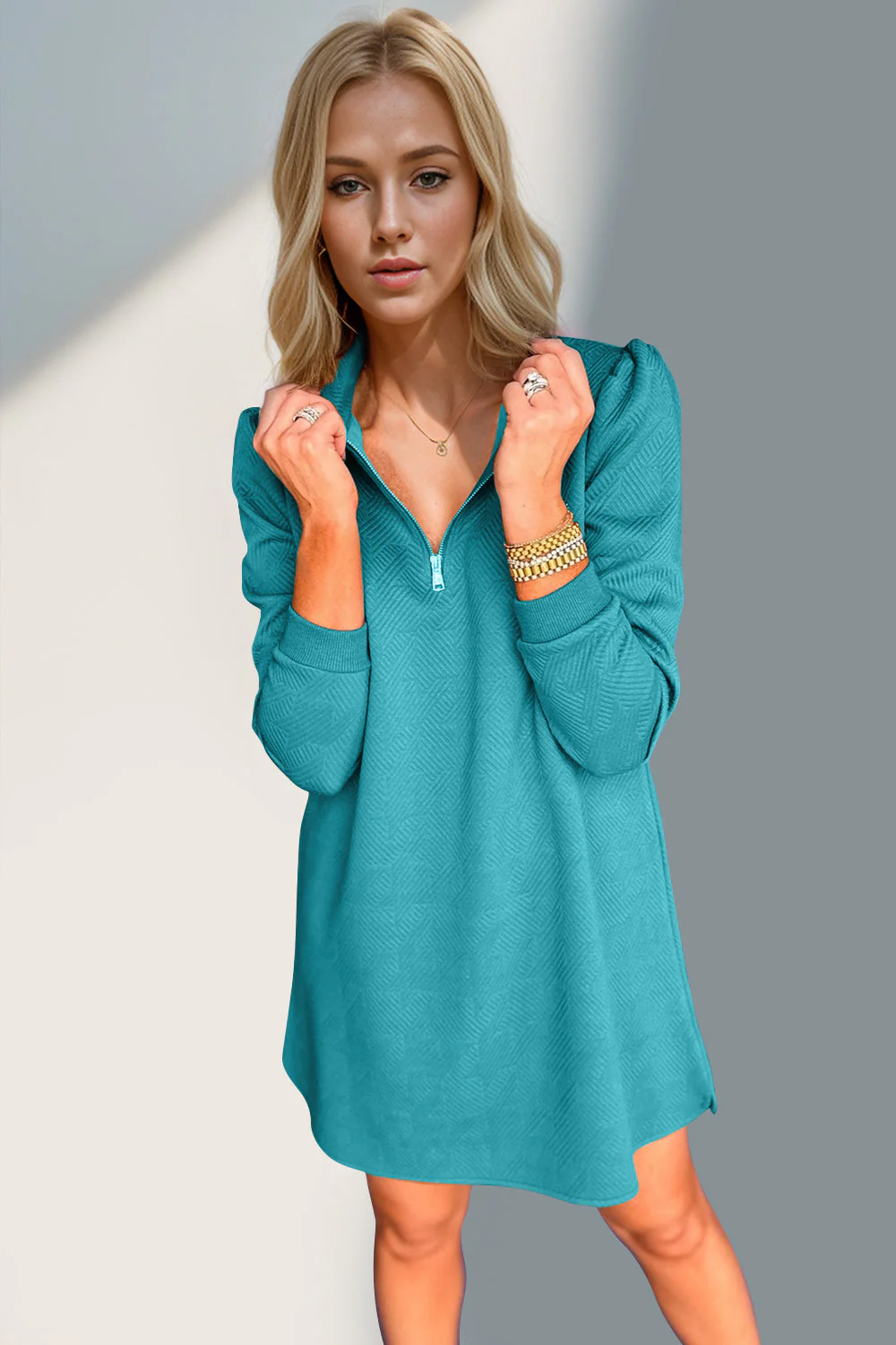 Double Take Textured Quarter Zip Long Sleeve Dress - Image 10