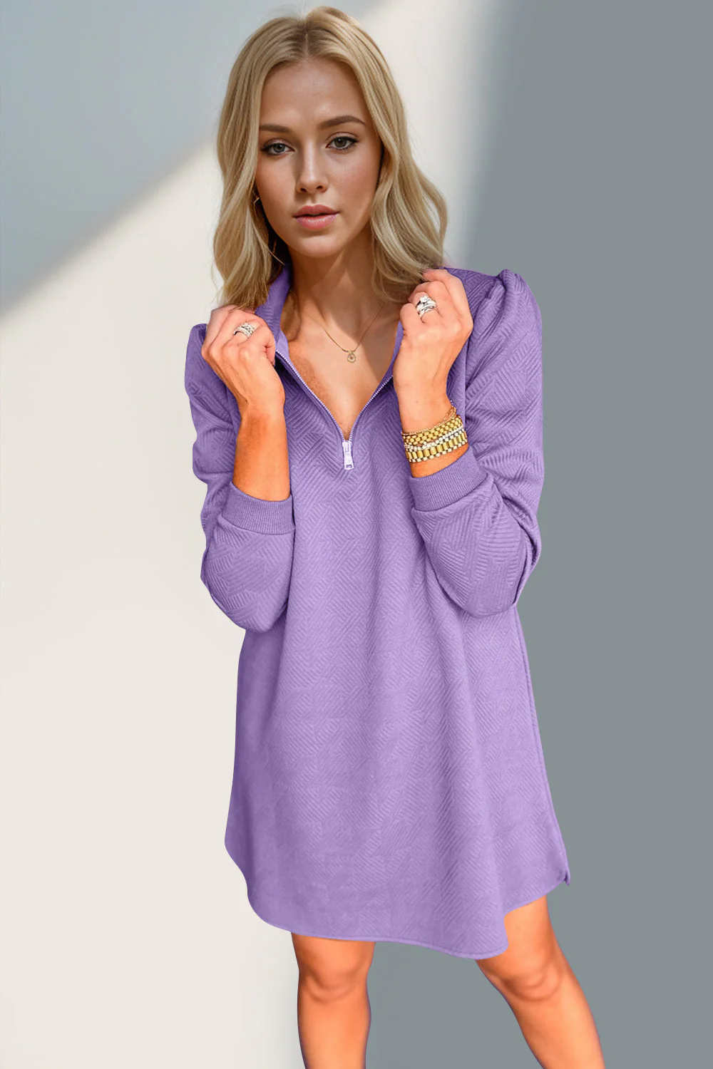 Double Take Textured Quarter Zip Long Sleeve Dress - Image 12