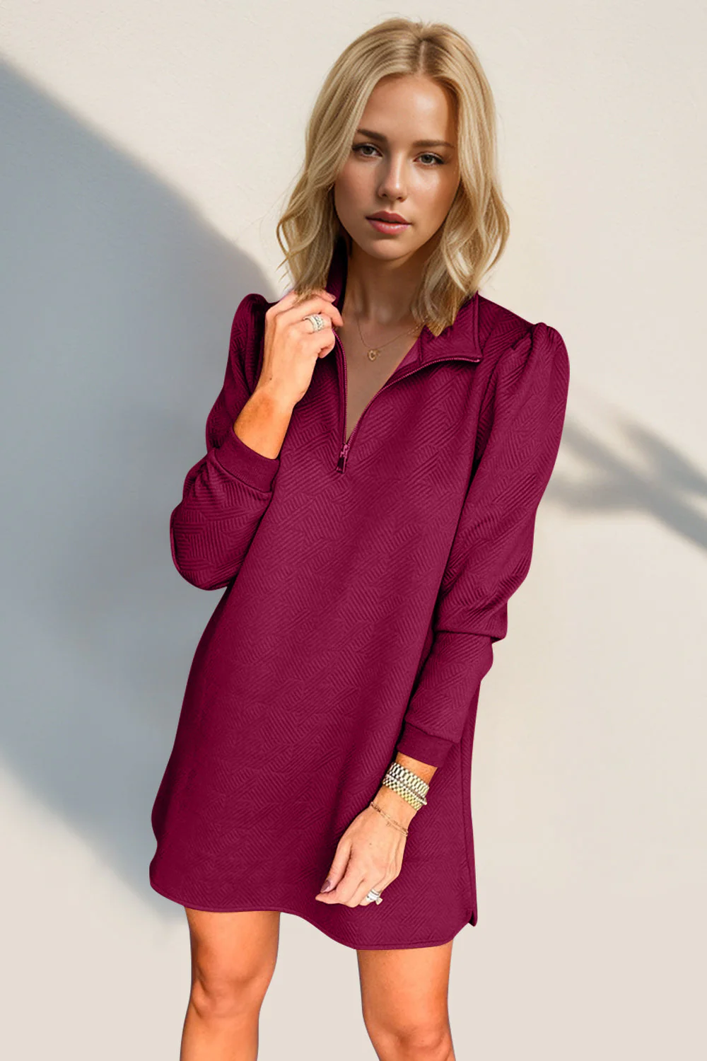 Double Take Textured Quarter Zip Long Sleeve Dress - Image 13