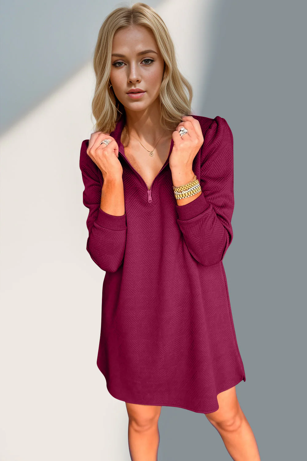 Double Take Textured Quarter Zip Long Sleeve Dress - Image 14