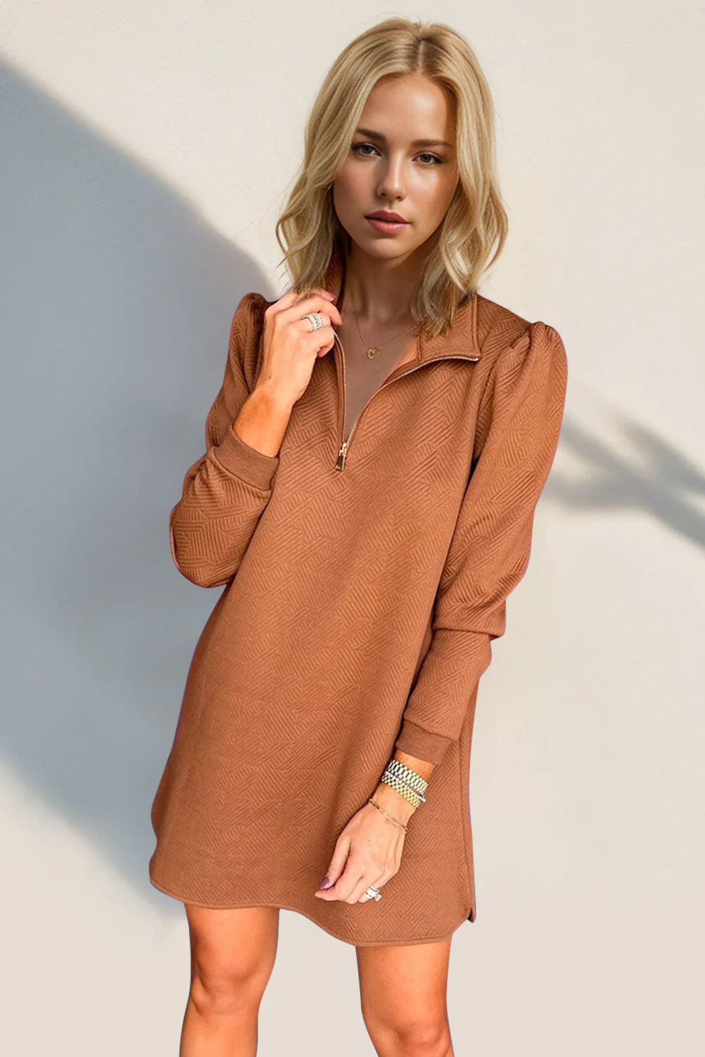 Double Take Textured Quarter Zip Long Sleeve Dress - Image 15