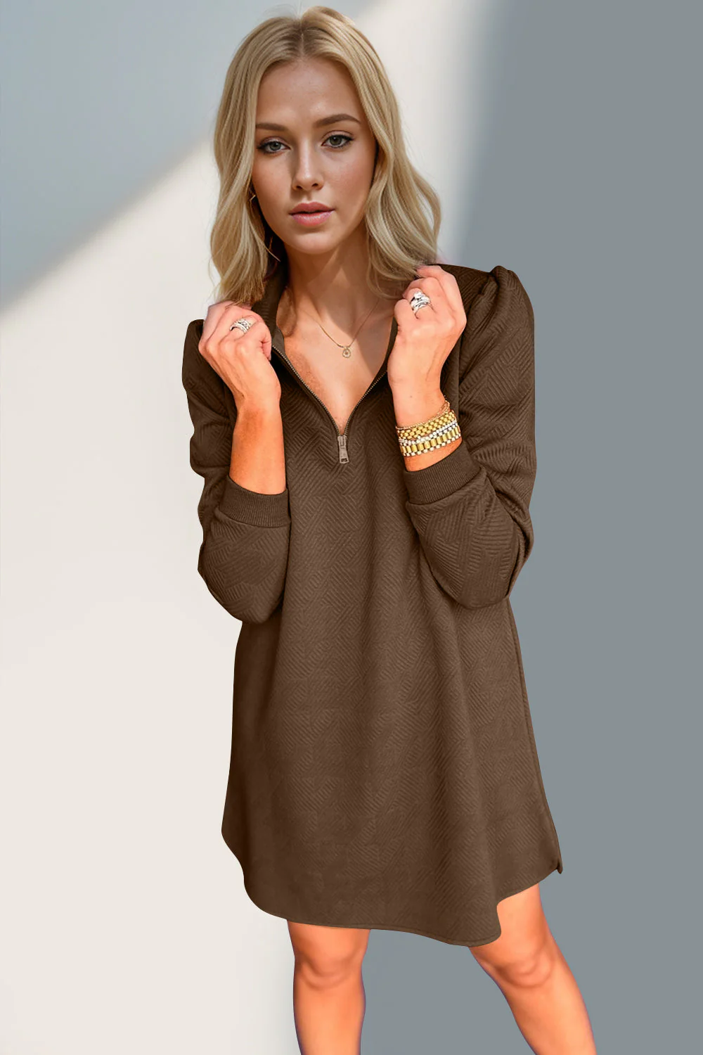Double Take Textured Quarter Zip Long Sleeve Dress - Image 18