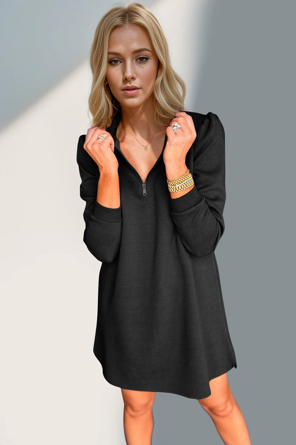 Double Take Textured Quarter Zip Long Sleeve Dress - Image 20