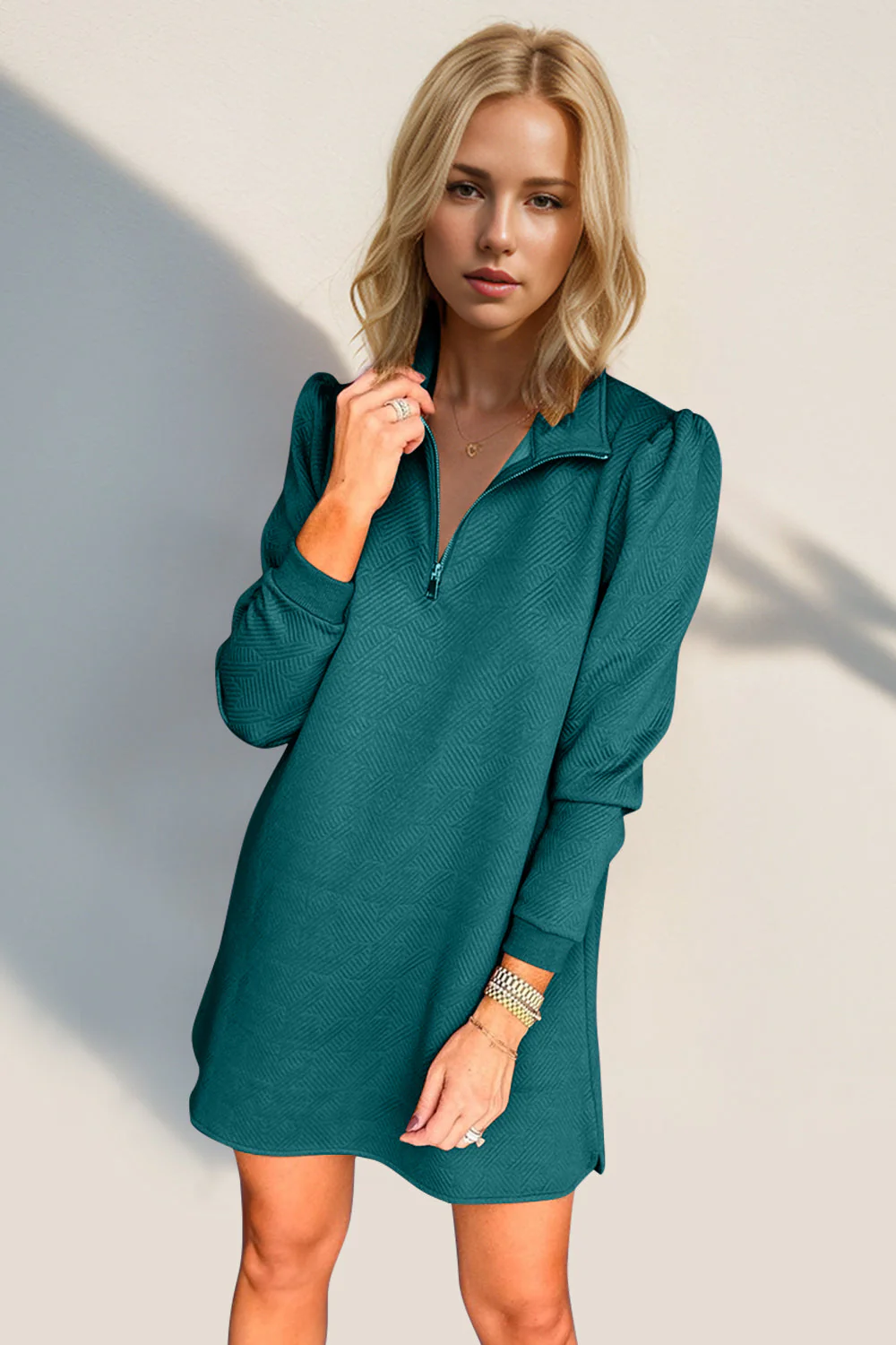Double Take Textured Quarter Zip Long Sleeve Dress - Image 21