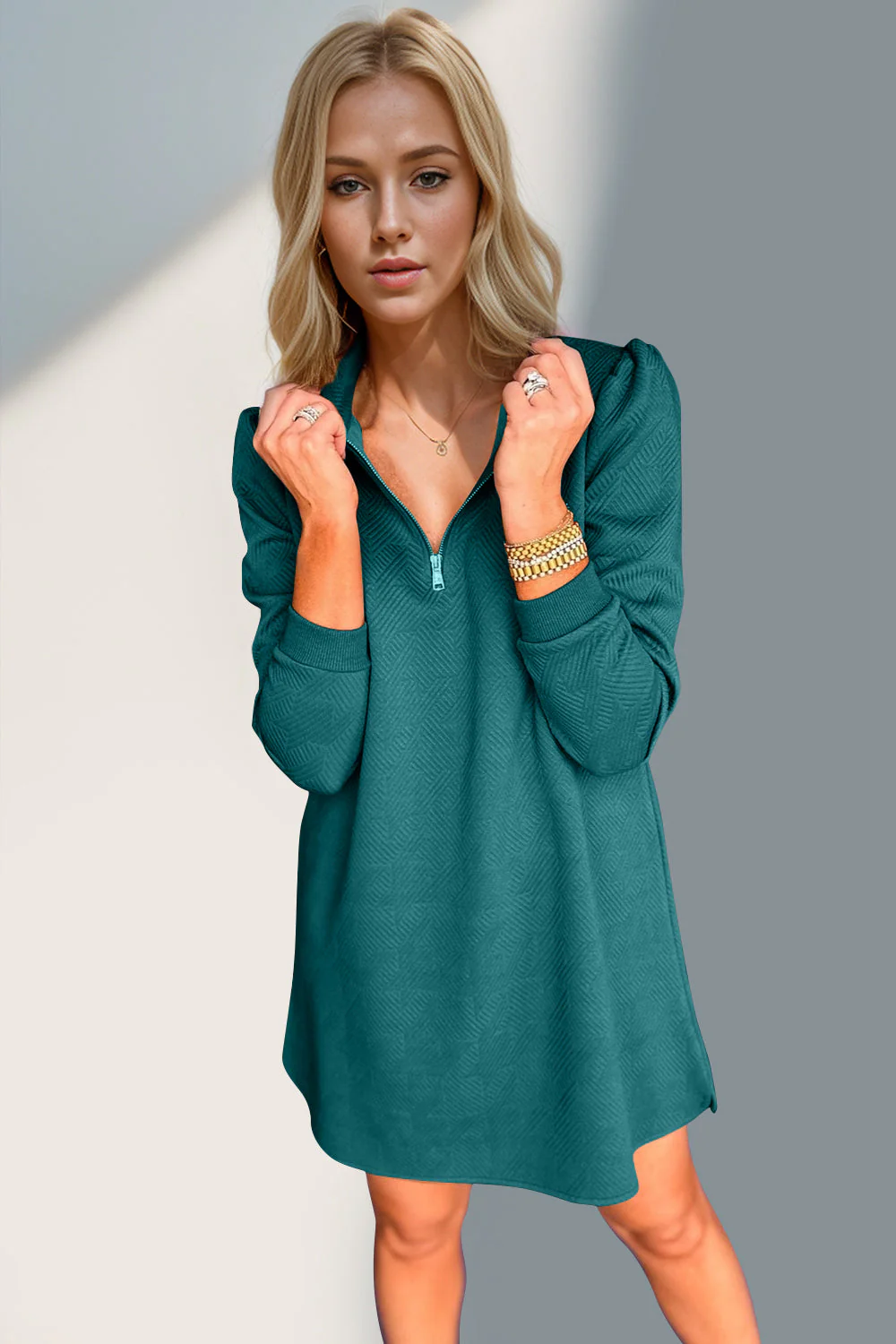 Double Take Textured Quarter Zip Long Sleeve Dress - Image 22