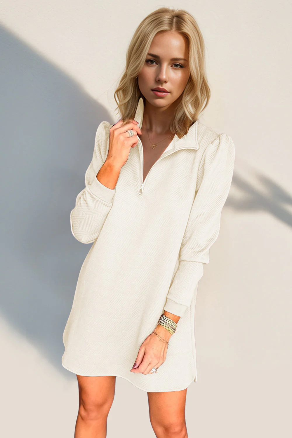 Double Take Textured Quarter Zip Long Sleeve Dress - Image 3